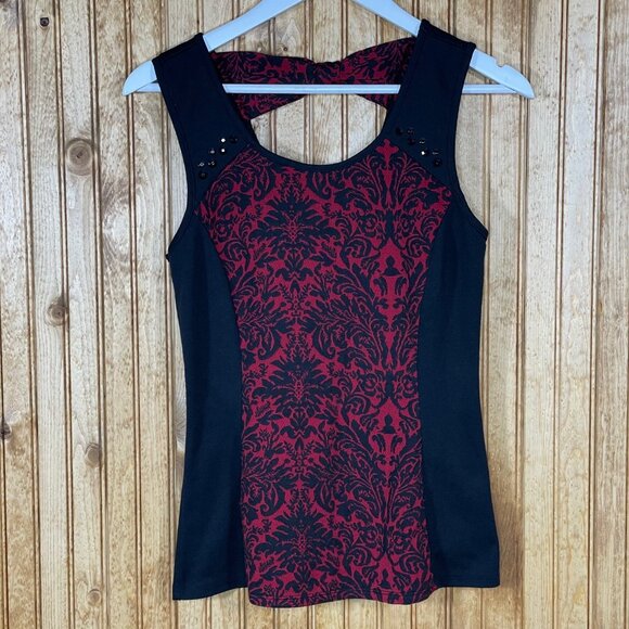 Maurices Black Red Rhinestone Bow Top Sleeveless Blouse Scroll Floral Small 4 6 - Picture 2 of 9
